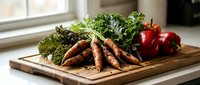 Fresh organic vegetables on wooden cutting board including kale, carrots and red bell peppers in modern kitchen setting for healthy cooking and meal preparation.
