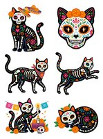 Day of the Dead cat skull designs with skeleton bones, floral patterns, and festive decorations. Isolated clipart set ready for t-shirts, invitations, and craft projects.
