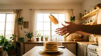 Hands tossing pancake stack in bright kitchen with plants and natural window light, perfect for food, cooking, and lifestyle content.
