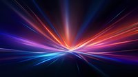 Vibrant light rays burst in orange and blue creating dynamic perspective with glowing streaks against dark background, abstract energy concept for modern design.