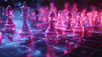 Glass chess pieces illuminated by vibrant neon pink and blue lights on chessboard, creating dramatic atmosphere with selective focus and bokeh effect.