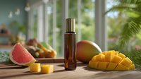 Amber essential oil bottle with tropical fruits on wooden table in bright sunroom, wellness and aromatherapy concept.