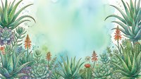 Watercolor succulent and aloe vera garden border frame with soft green background, copy space for text or greeting card design.