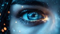 Magical blue eye with glowing digital elements and golden sparkles reflecting futuristic technology and innovation against dark background for creative design projects.