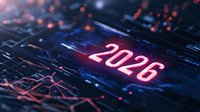 Glowing neon number 2026 on futuristic circuit board background with red and blue bokeh lights, digital technology concept for business and innovation.