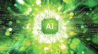 Glowing green microchip with AI symbol radiates light on circuit board background with bokeh effect and digital connections creating futuristic technology concept.