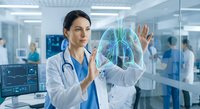 Female doctor examining holographic lung scan in modern medical facility with advanced technology for respiratory health diagnosis and treatment.