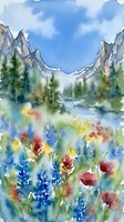 Watercolor mountain landscape with colorful wildflowers, pine trees, and a serene lake, painted in soft, flowing brushstrokes for wall art or cards.