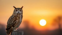 Majestic owl perched on wooden post against stunning golden sunset backdrop. Wildlife photography capturing nature's beauty and tranquil evening atmosphere.