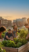 Young diverse friends gardening together on urban rooftop at sunset with city buildings in background for community agriculture and sustainable living.