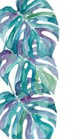 Watercolor monstera leaves in teal and purple hues on white background, tropical botanical illustration for home decor and nature-inspired designs.