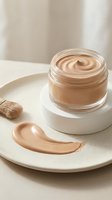Luxury foundation cream in glass jar with smooth texture swatch on marble plate, premium cosmetic product for skincare and makeup routine.