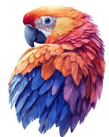 Vibrant scarlet macaw portrait showcasing detailed feather texture in orange, red and blue tones against white background, isolated design element for creative projects.