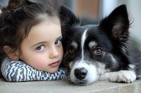 Young girl with blue eyes lying next to black and white border collie dog, both looking at camera with gentle expressions. Close-up portrait showing bond between child and pet.