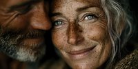 Close-up portrait of happy mature Caucasian couple with freckles and gray hair sharing intimate moment together, showing love and connection in golden light.