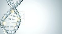DNA double helix structure made of water droplets and glass elements on white background, representing genetic research, biotechnology, and molecular science concepts.