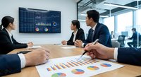 Business professionals analyzing financial data and charts during corporate meeting in modern office conference room.