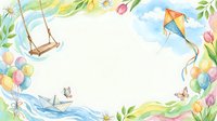 Watercolor spring frame with swing, kite, balloons, butterflies and flowers creating cheerful border for children designs and seasonal projects.