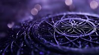 Mystical geometric pattern with water drops on dark purple background, sacred geometry symbol with bokeh lights and reflective surface creates spiritual mood.