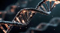 DNA double helix structure with glowing orange highlights on dark background for genetic research, biotechnology and molecular biology concepts.