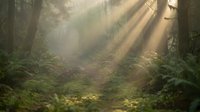 Sunlight streams through misty forest canopy, illuminating dense woodland with golden rays piercing through fog and evergreen trees in natural environment.