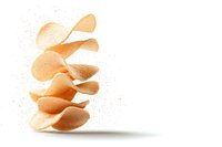 Crispy potato chips stacked in dynamic floating composition with scattered crumbs and soft shadow on white background, minimalist food photography style.
