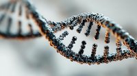 DNA double helix structure in black and orange colors on blurred background, showing genetic code and molecular biology concept.