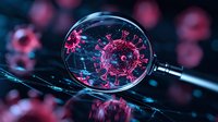 Magnified view of pink virus cell through lens on dark background with bokeh effect, scientific research concept for medical and healthcare visualization purposes.