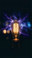 Vintage Edison bulb with electric lightning bolts and purple smoke effects on dark background for creative energy and innovation concepts.