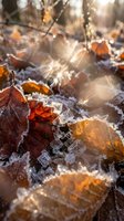 Frozen autumn leaves covered with ice crystals and frost in golden morning sunlight creating magical winter nature scene with warm bokeh background.