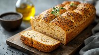 Freshly baked homemade bread loaf with poppy seeds and herbs on wooden cutting board, sliced and ready to serve with olive oil and dipping sauce.