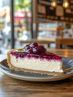 Fresh raspberry cheesecake slice on gray plate with graham cracker crust and berry topping, served in cozy cafe setting with natural lighting and blurred background.