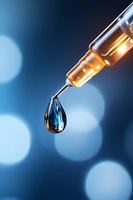 Medical glass dropper with forming liquid drop against blurred blue bokeh background, dramatic lighting highlights transparent substance in macro view.