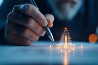 Male hand drawing glowing skyscraper architectural concept with light effects on blue surface. Creative visualization for urban development and design projects.
