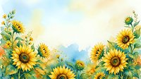 Watercolor sunflower border frame with yellow blooms and green foliage on soft blue sky background for greeting cards and seasonal designs.