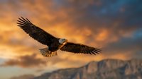 Bald eagle soaring in flight against dramatic golden sunset sky with mountains in background, wildlife nature scene.