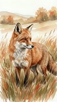 Red fox standing in autumn grassland with golden trees and rolling hills in warm watercolor style for nature and wildlife themed designs.