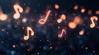 Glowing orange musical notes floating in dark blue space with bokeh light effects and sparkles create magical atmosphere for entertainment backgrounds.