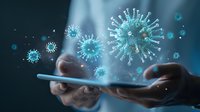 Hands holding smartphone with 3D virus cells floating above screen, depicting digital health technology and pandemic awareness in blue tones.