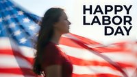 Young woman celebrating Labor Day with American flag in background, patriotic holiday greeting card design for social media and marketing campaigns.