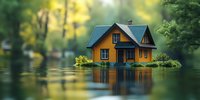 Cozy wooden cottage with blue roof partially submerged in floodwater, surrounded by autumn trees reflecting in calm water surface.