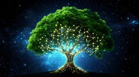 Mystical glowing tree with constellation network branches against starry night sky background, symbolizing connection between nature and cosmos.