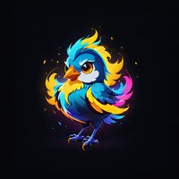 Colorful fantasy bird character with vibrant blue, yellow and pink feathers on black background, glowing magical effect around plumage. Isolated design element.