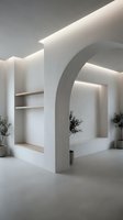 Modern minimalist interior with curved archways and built-in shelving featuring warm ambient lighting and decorative plants in neutral tones.