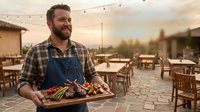 Smiling bearded chef in blue apron presenting grilled meat platter on restaurant terrace during golden hour sunset with outdoor dining tables in background.