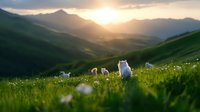 Fluffy white cat sitting in mountain meadow with wildflowers at sunset, dramatic sunbeams through clouds illuminate green alpine landscape. Perfect for nature themes.