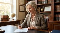 Mature woman with gray hair and fair complexion, wearing a beige blazer and white blouse, writing at a wooden desk in a traditional home office with bookshelves, globe, and framed certificates on walls.