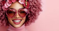 Smiling African American woman with pink curly hair wearing heart-shaped sunglasses and floral crown against pink background, expressing joy and fashion style.