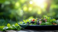 Fresh green salad with berries and vegetables on dark plate against blurred forest background with sunlight streaming through leaves.