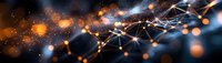 Abstract network visualization with glowing orange and blue nodes connected by white lines against dark background, representing digital connectivity and data flow.